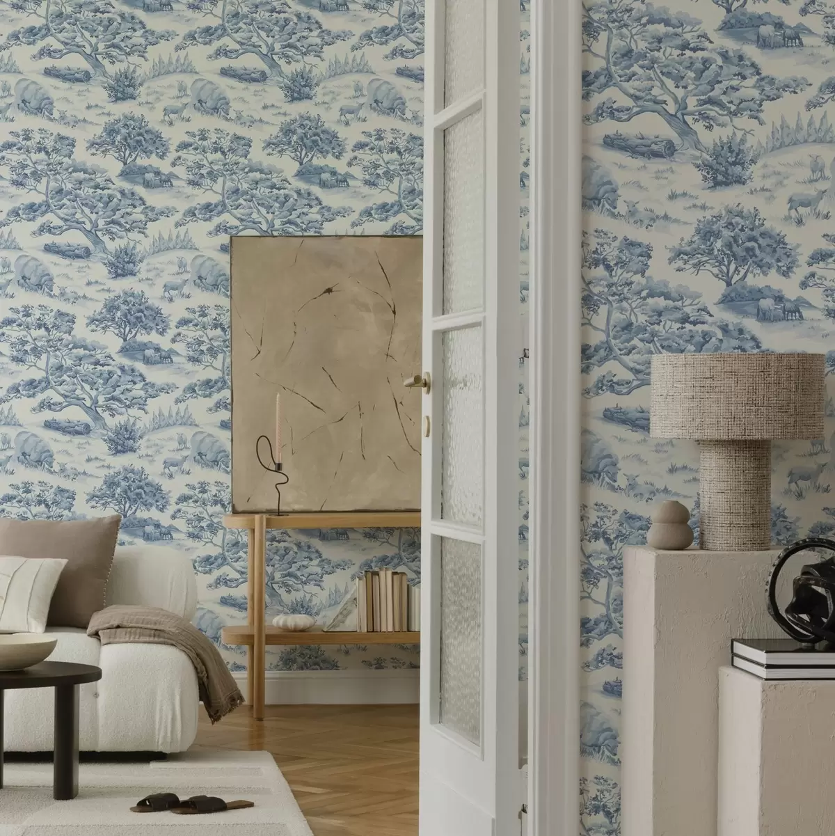 Tapety Venkovská krajina v modrých tónech s ovcemi a stromy a00178