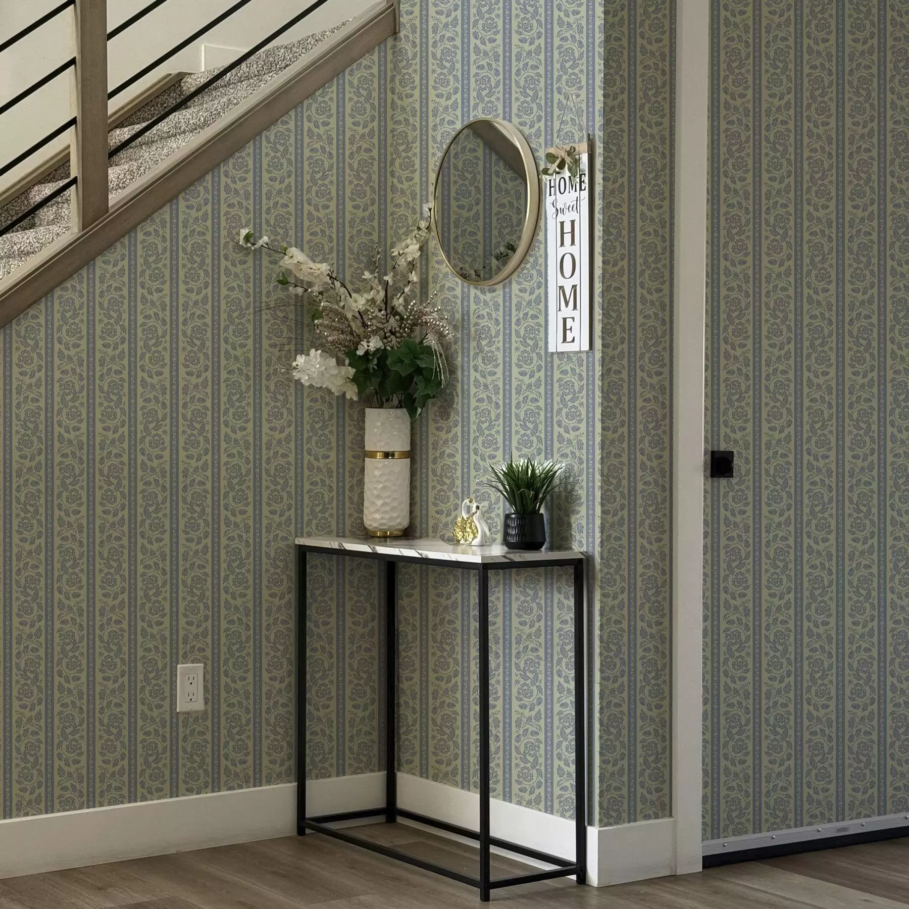 Fototapet Pruhovaný květinový ornament se žaludy v modrých a béžových tónech a00181