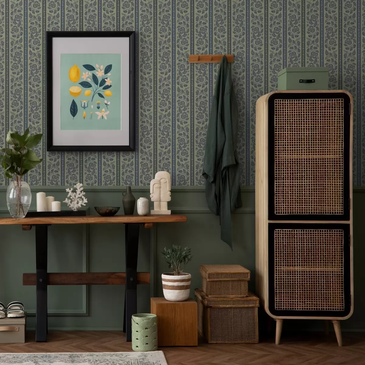 Tapety Modrá vintage ozdoba s květinami a žaludy a00181v1