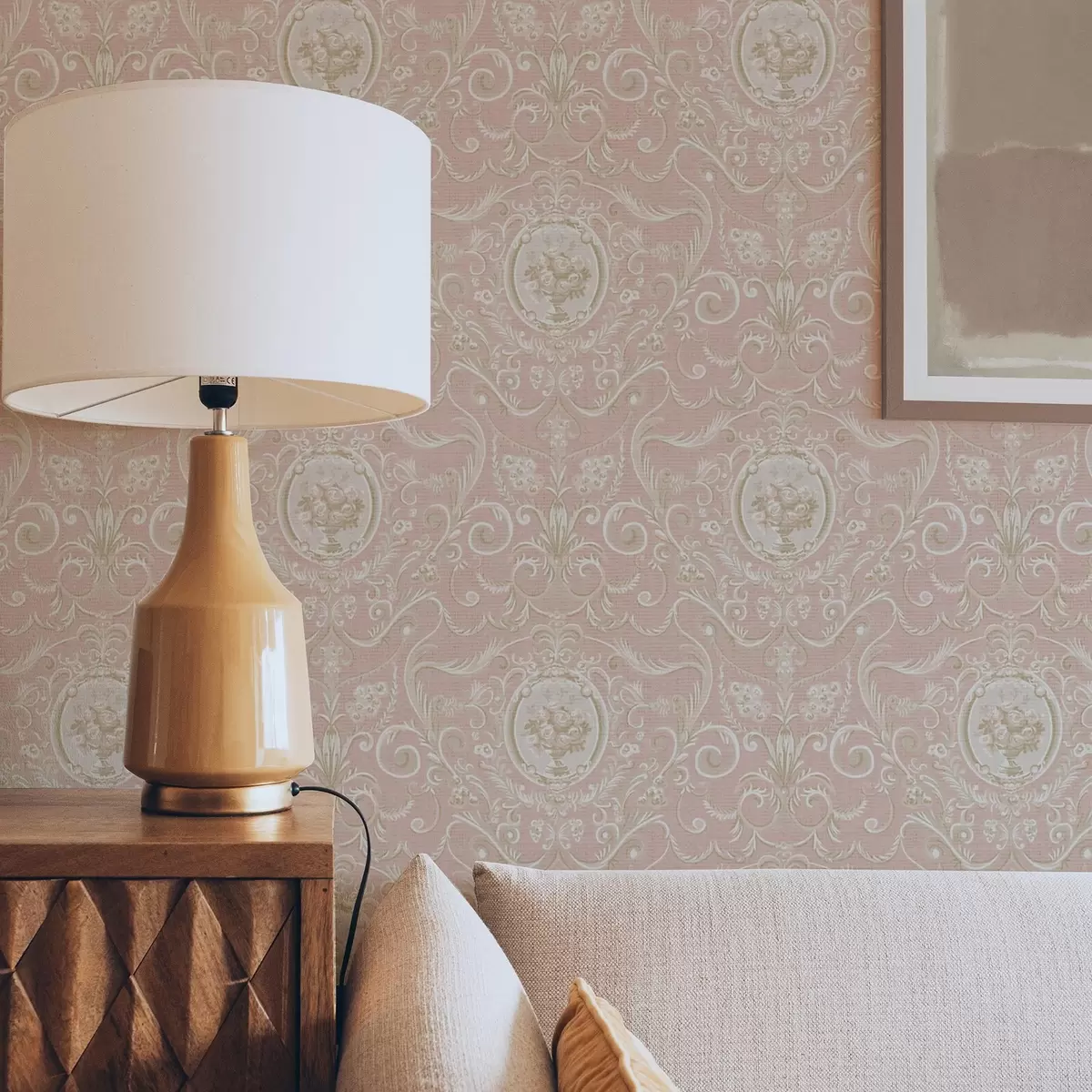 Tapety Růžový klasický vzor s medailonky a květinami a00185