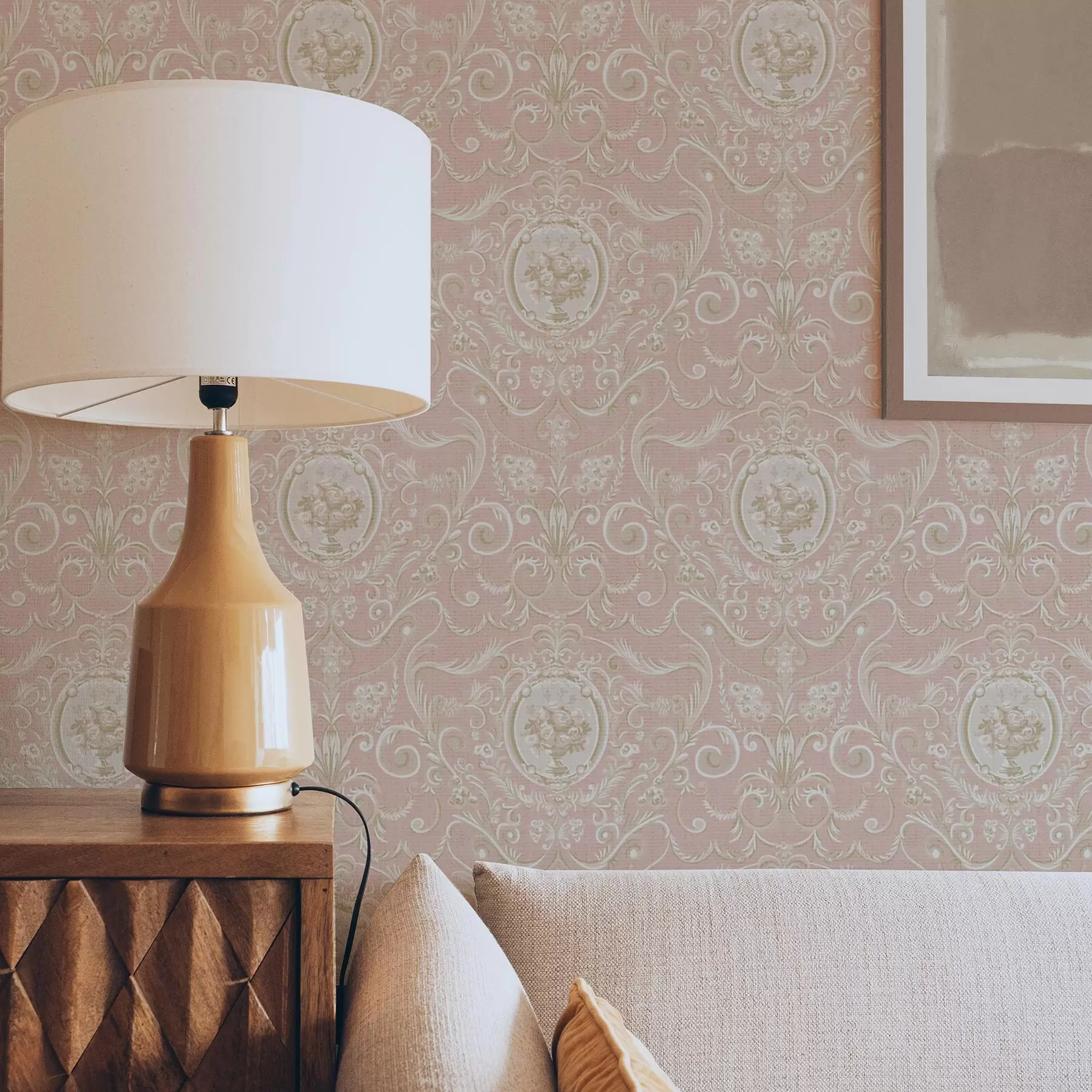 Fototapet Růžový klasický vzor s medailonky a květinami a00185