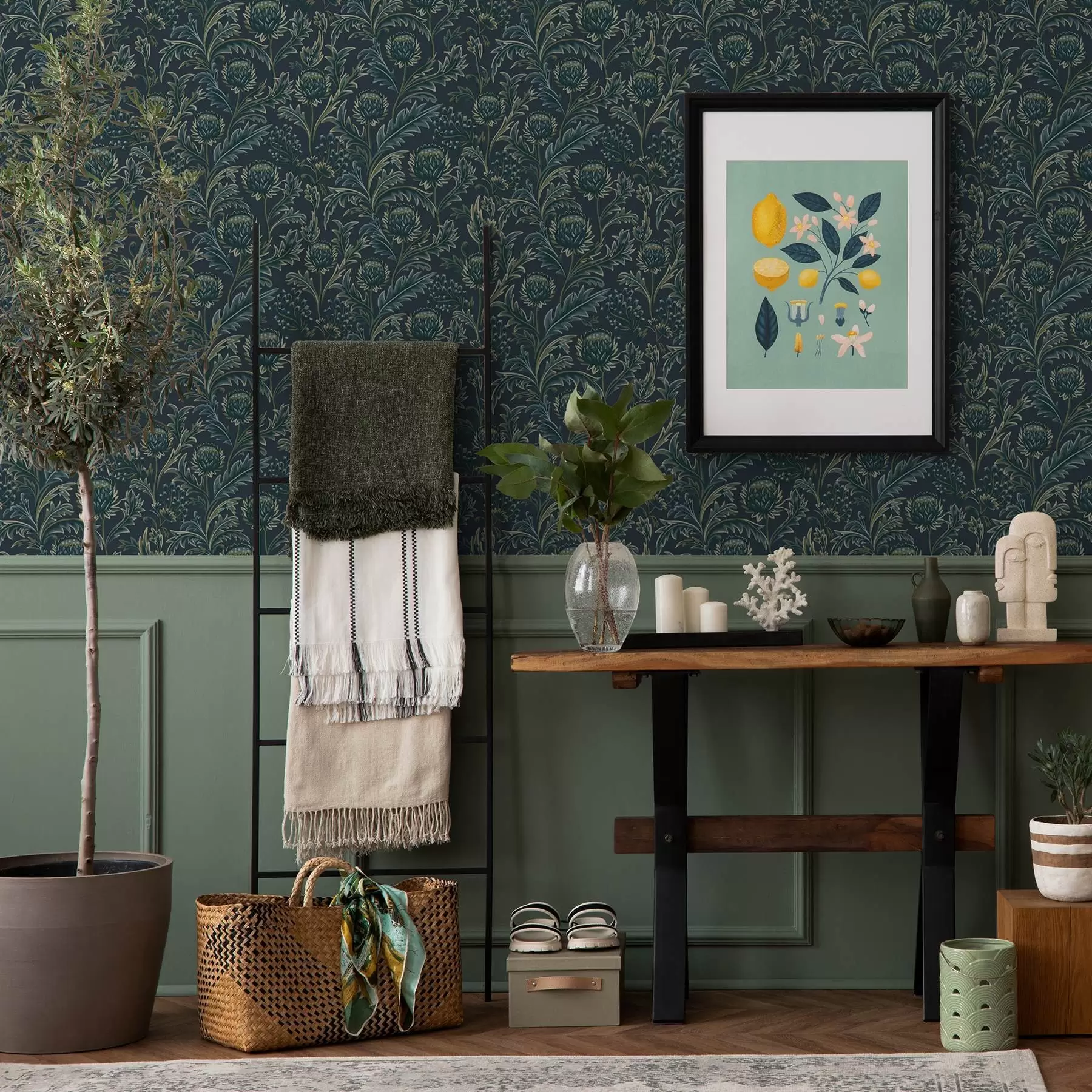 Fototapet Tmavě zelený květinový vzor s artyčoky a00186