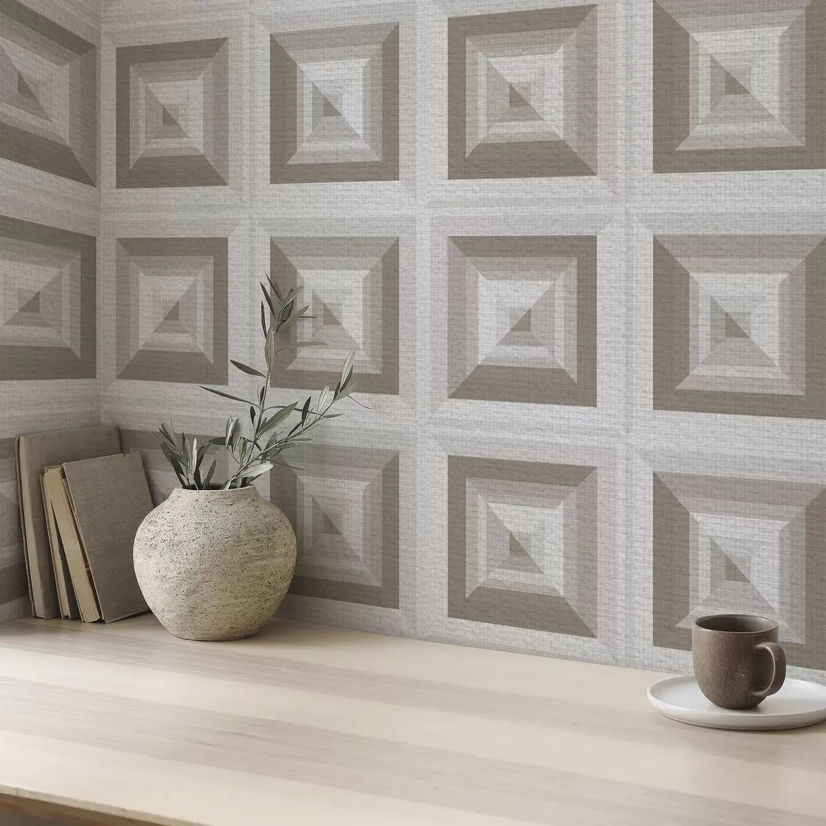 Tapety Geometrický trojrozměrný vzor v šedé a béžové barvě a00187