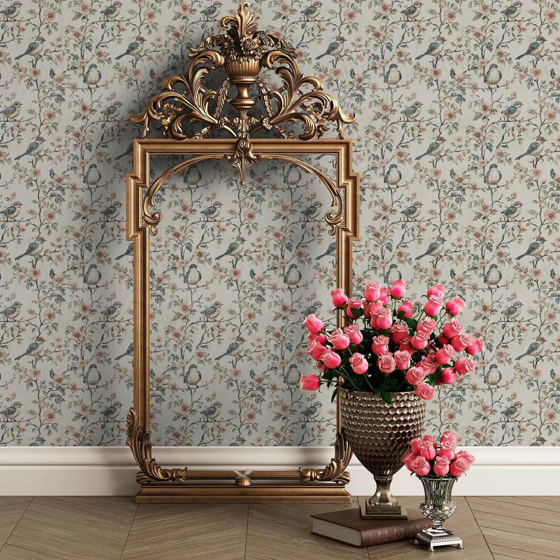 Fototapet Ptáci na větvích s květinami v retro akvarelovém stylu a00197