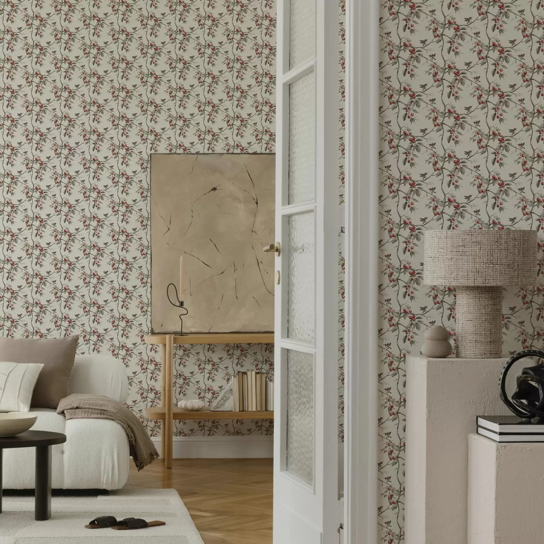 Fototapet Ptáci mezi větvemi třešní s červenými bobulemi a00206