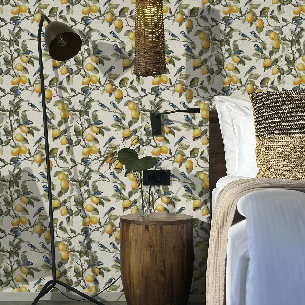 Tapety Ptáci a citrony na větvích, akvarelová botanická kresba a00207