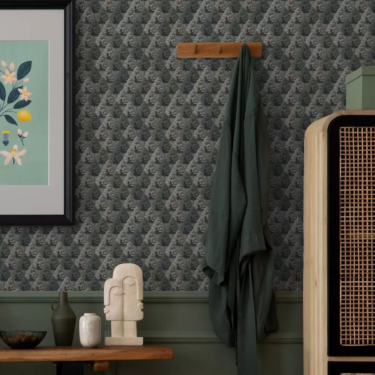 Tapety Geometrický lesní vzor se stromy v zelených barvách a00209