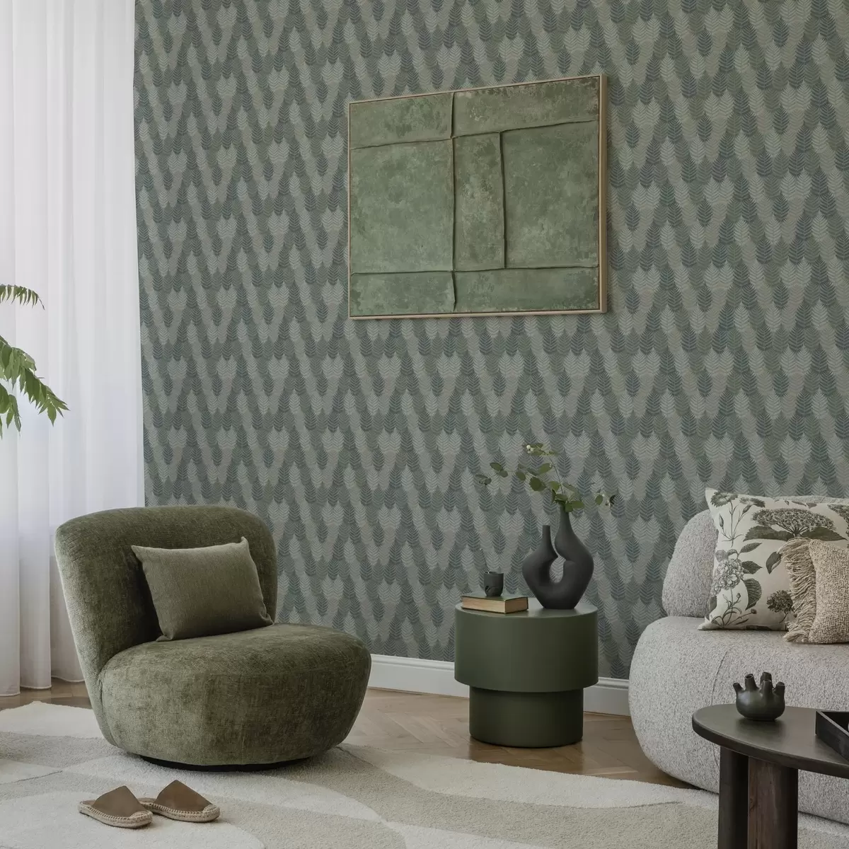 Tapety Listy kapradí, geometrický vzor, zelená a modrá barva a00211