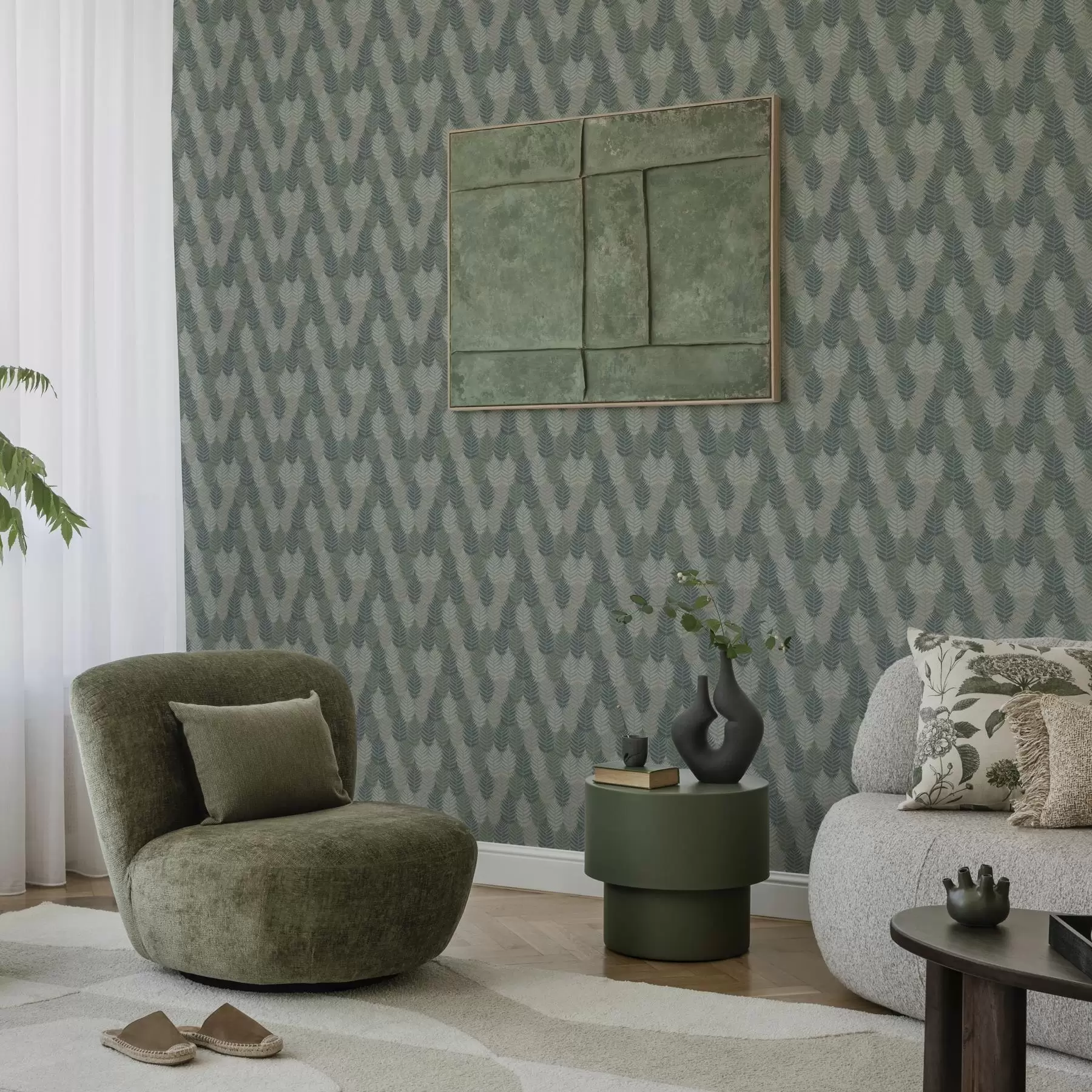 Fototapet Listy kapradí, geometrický vzor, zelená a modrá barva a00211