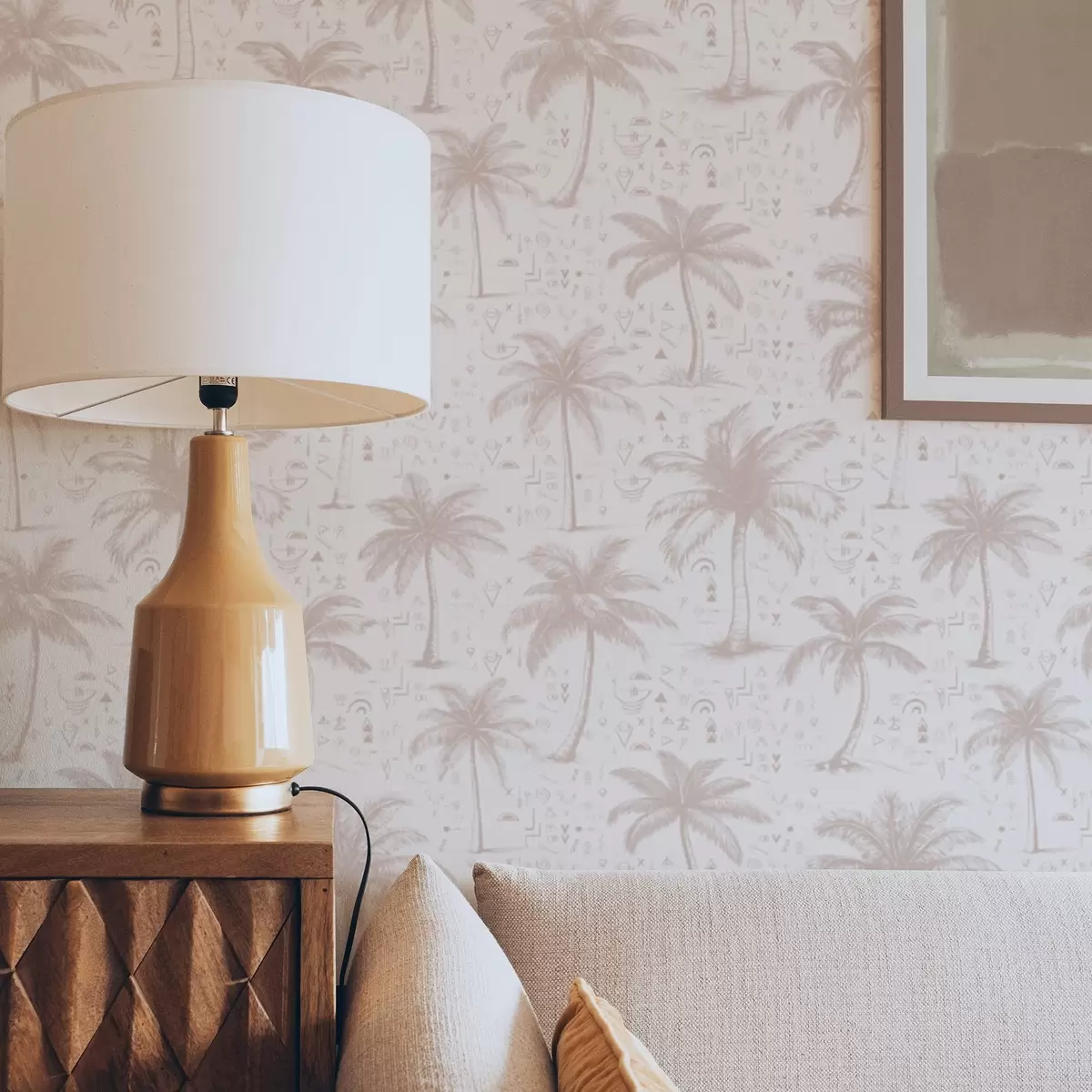 Tapety Palmy s etnickými symboly, pastelově růžový tón a00213