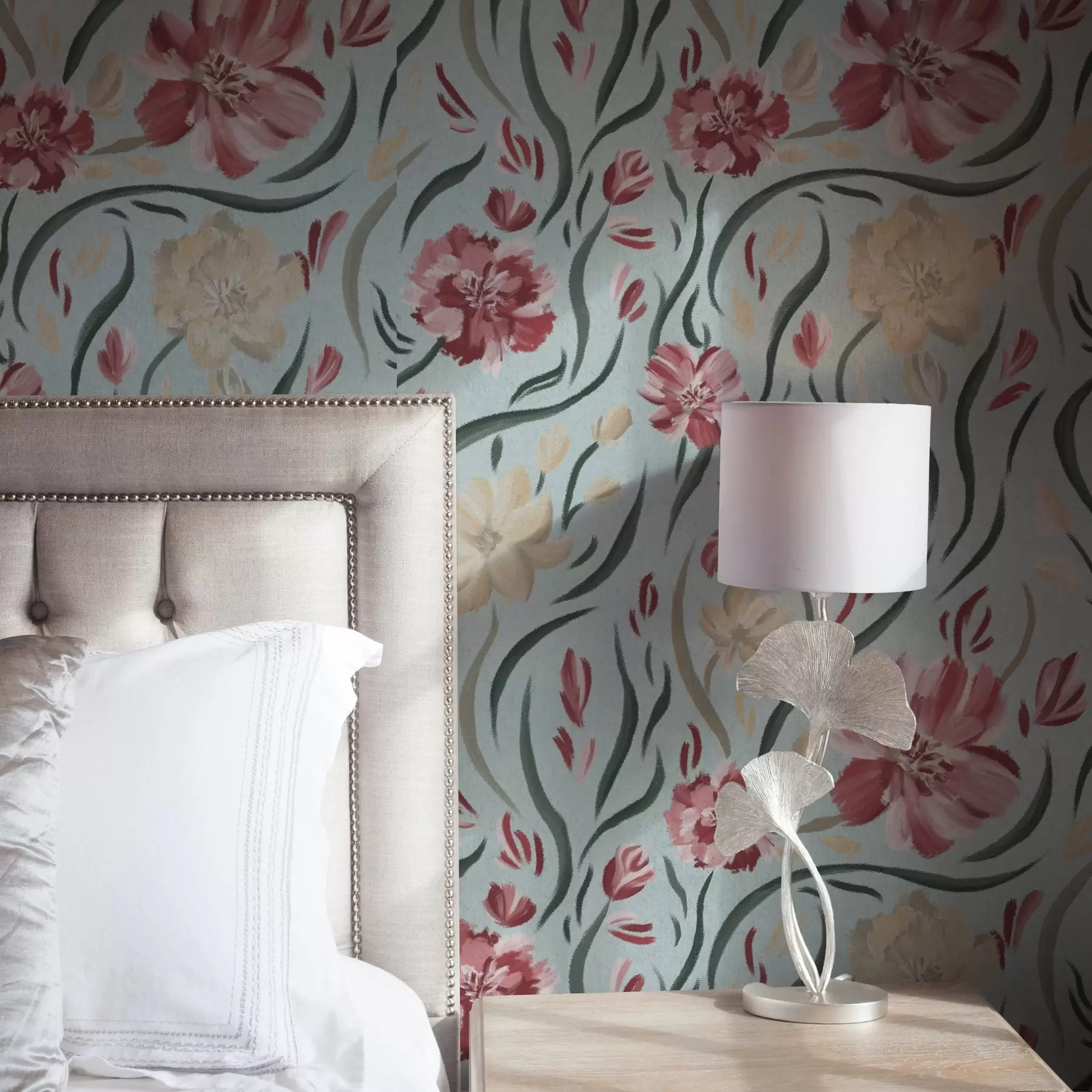 Fototapet Akvarelové květiny na modrém pozadí, červený a béžový vzor a00216