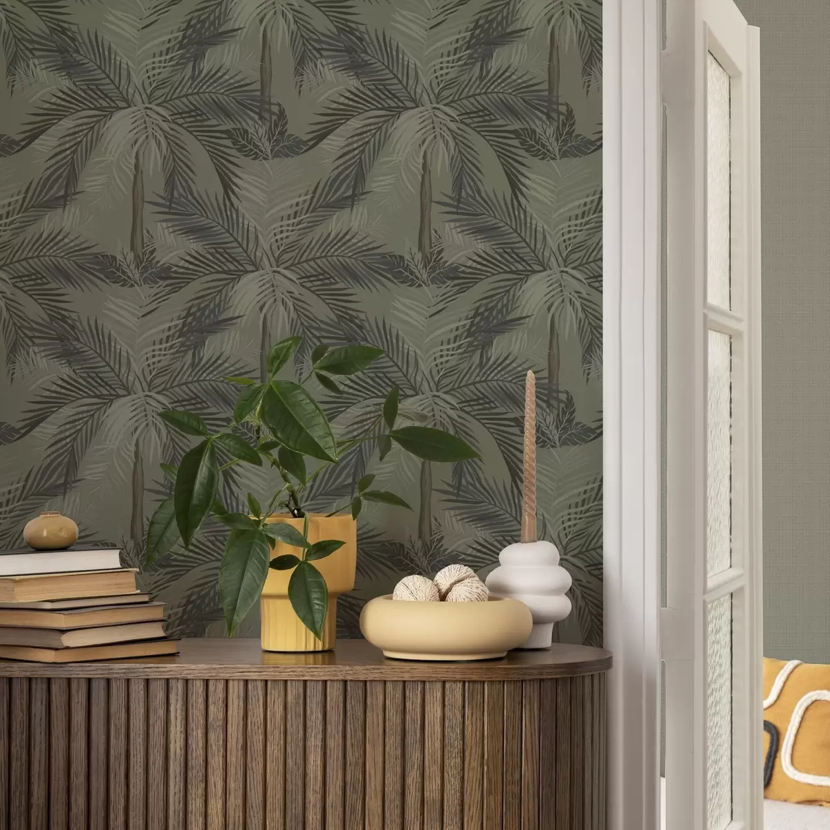 Tapety Palmové listy na olivovém pozadí, džungle, tropy a00217