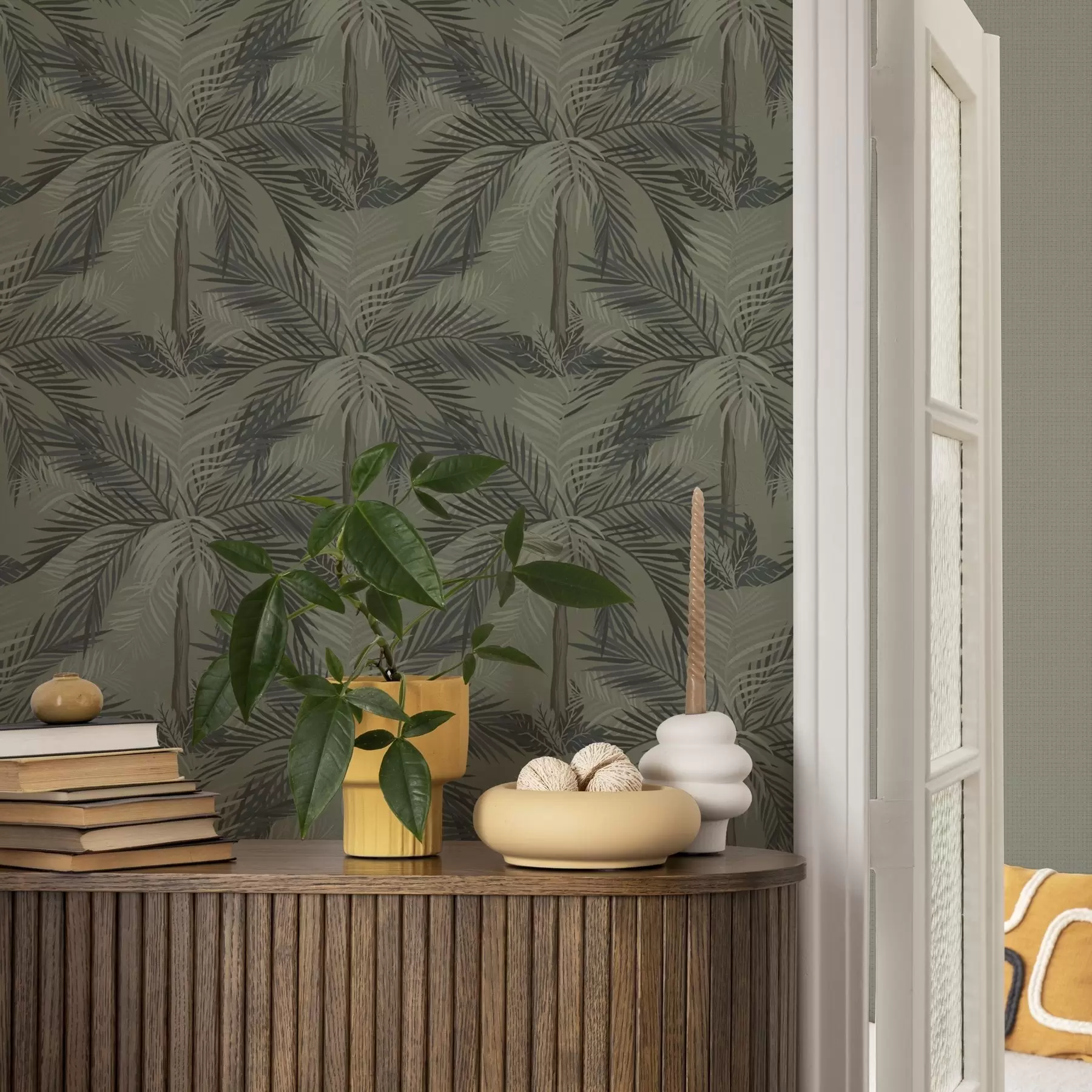 Fototapet Palmové listy na olivovém pozadí, džungle, tropy a00217