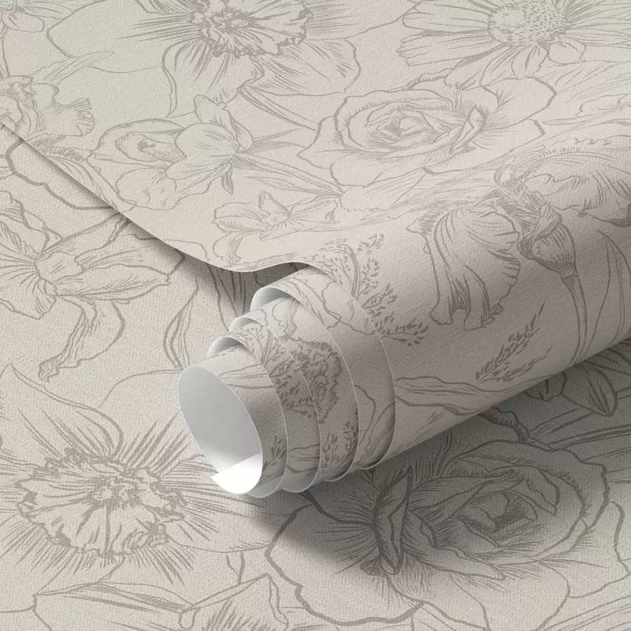 Fototapet Obrysové květiny na krémovém pozadí, jemný květinový vzor a00218