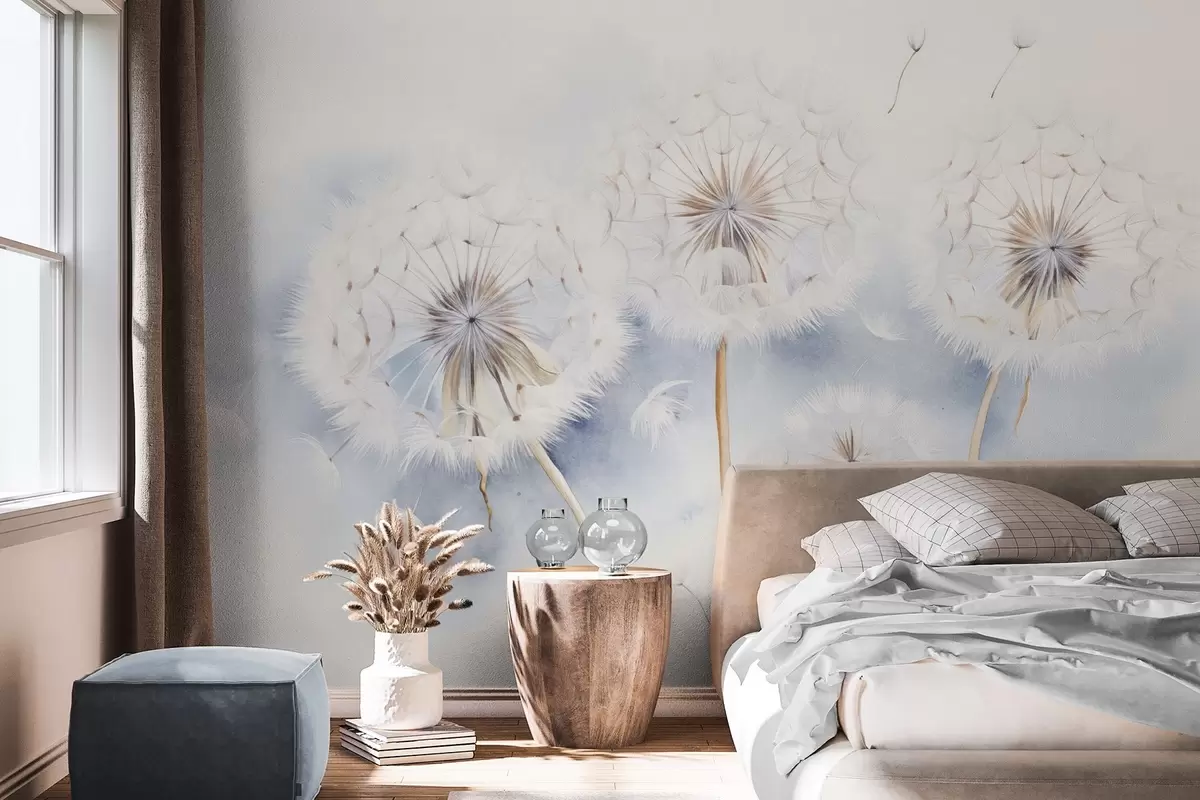 Fototapet Texturované pampelišky se semínky vznášejícími se ve vzduchu, světle modré a bílé pozadí, jemný styl kresby w09190