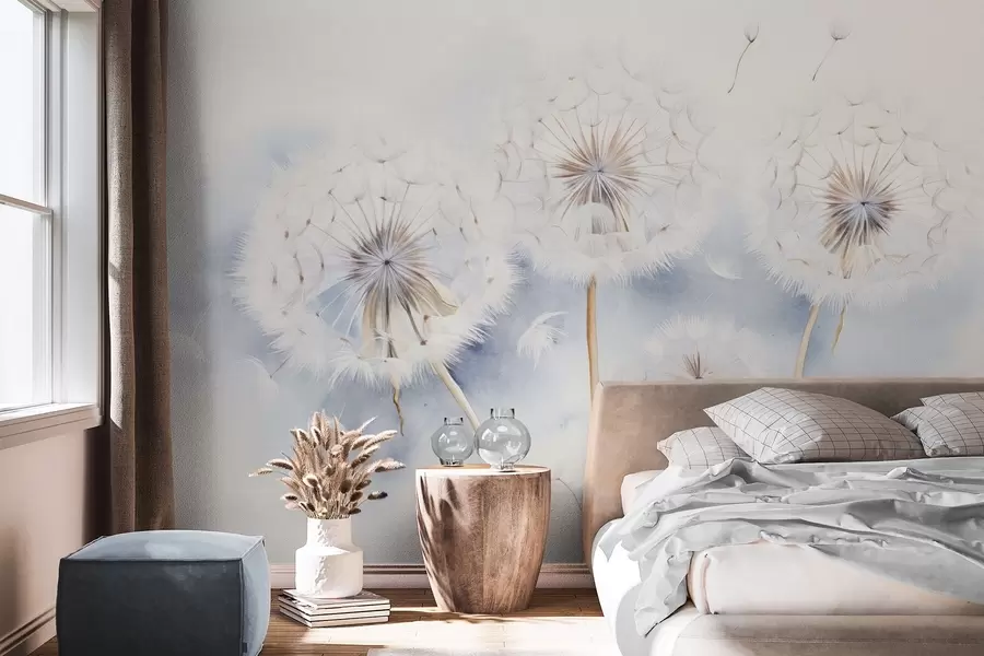 Fototapet Texturované pampelišky se semínky vznášejícími se ve vzduchu, světle modré a bílé pozadí, jemný styl kresby w09190