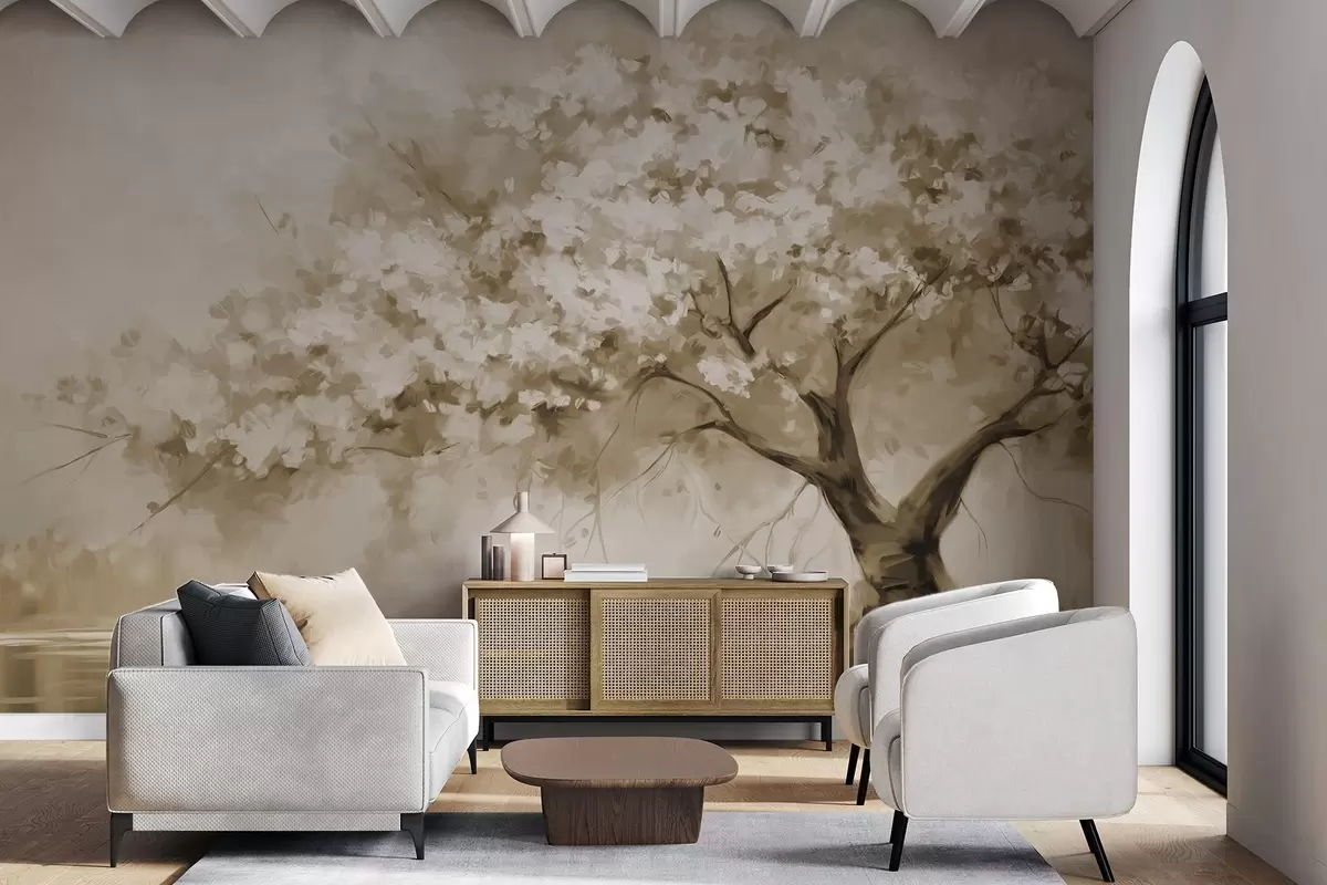 Fototapet Abstraktní béžový kvetoucí strom v plném květu, vedle řeky, jemné tahy štětcem a pastelové barvy w09193v1