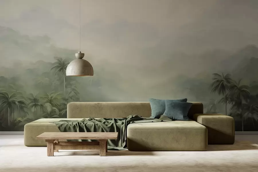 Fototapet Krajina Gungle se svěžími zelenými palmami a kopci , jemné pastelové barvy, texturovaná imitace malby w09194