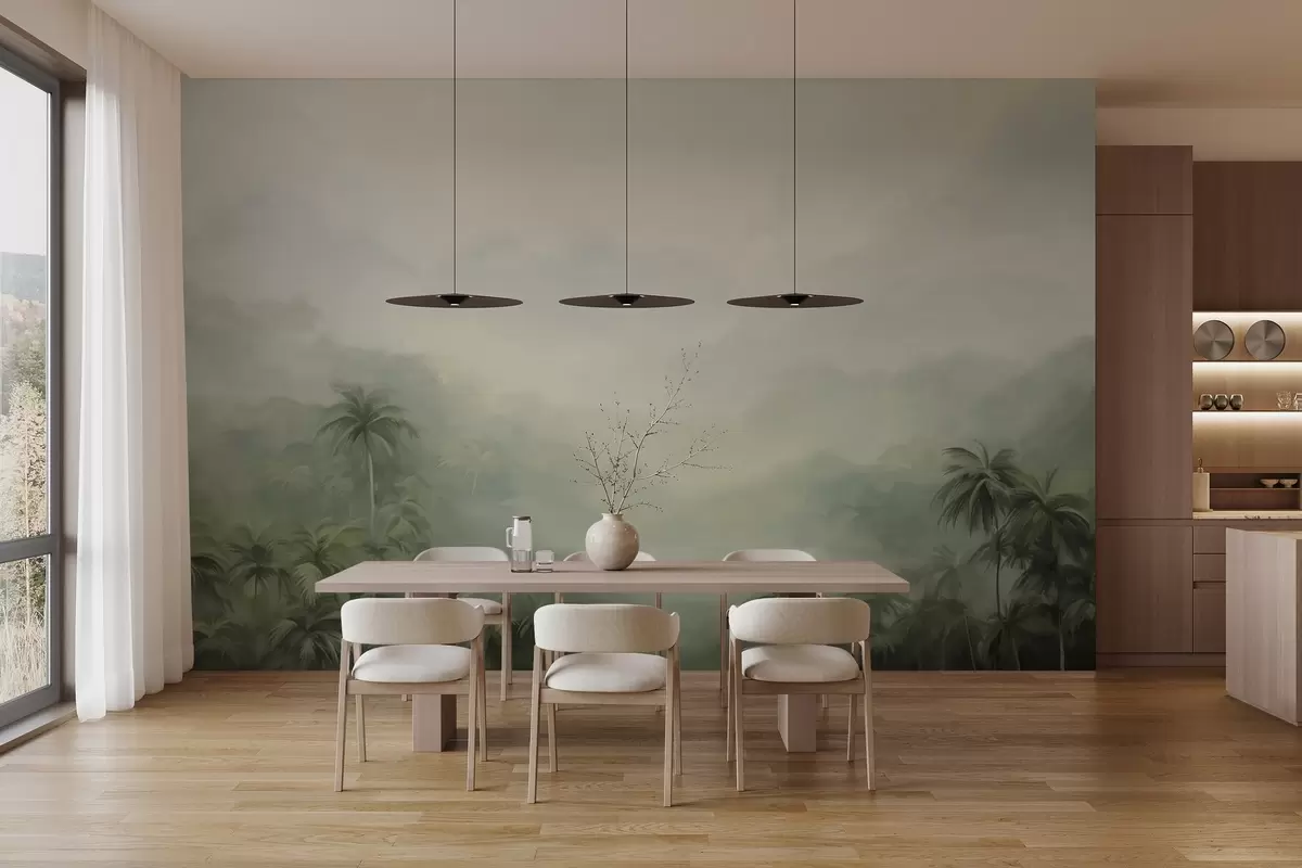 Fototapet Krajina Gungle se svěžími zelenými palmami a kopci , jemné pastelové barvy, texturovaná imitace malby w09194