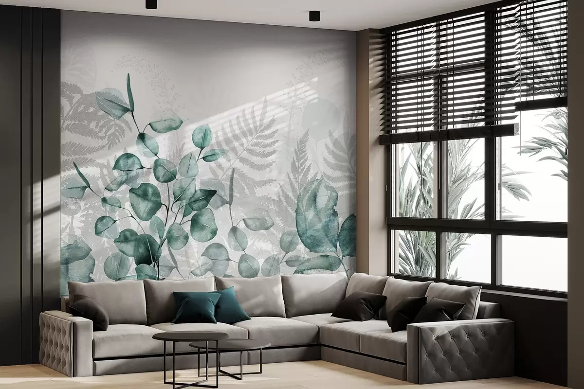 Fototapet Eukalyptus a listy kapradí v odstínech zelené a šedé, akvarelový efekt , botanická ilustrace w09197