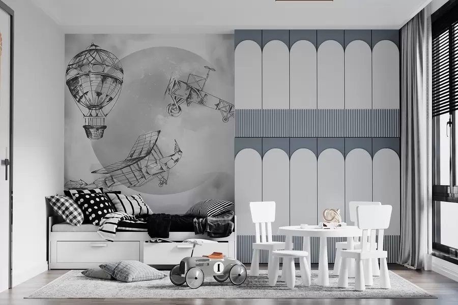 Fototapet Retro letadla na pozadí měsíce a mraků w04085