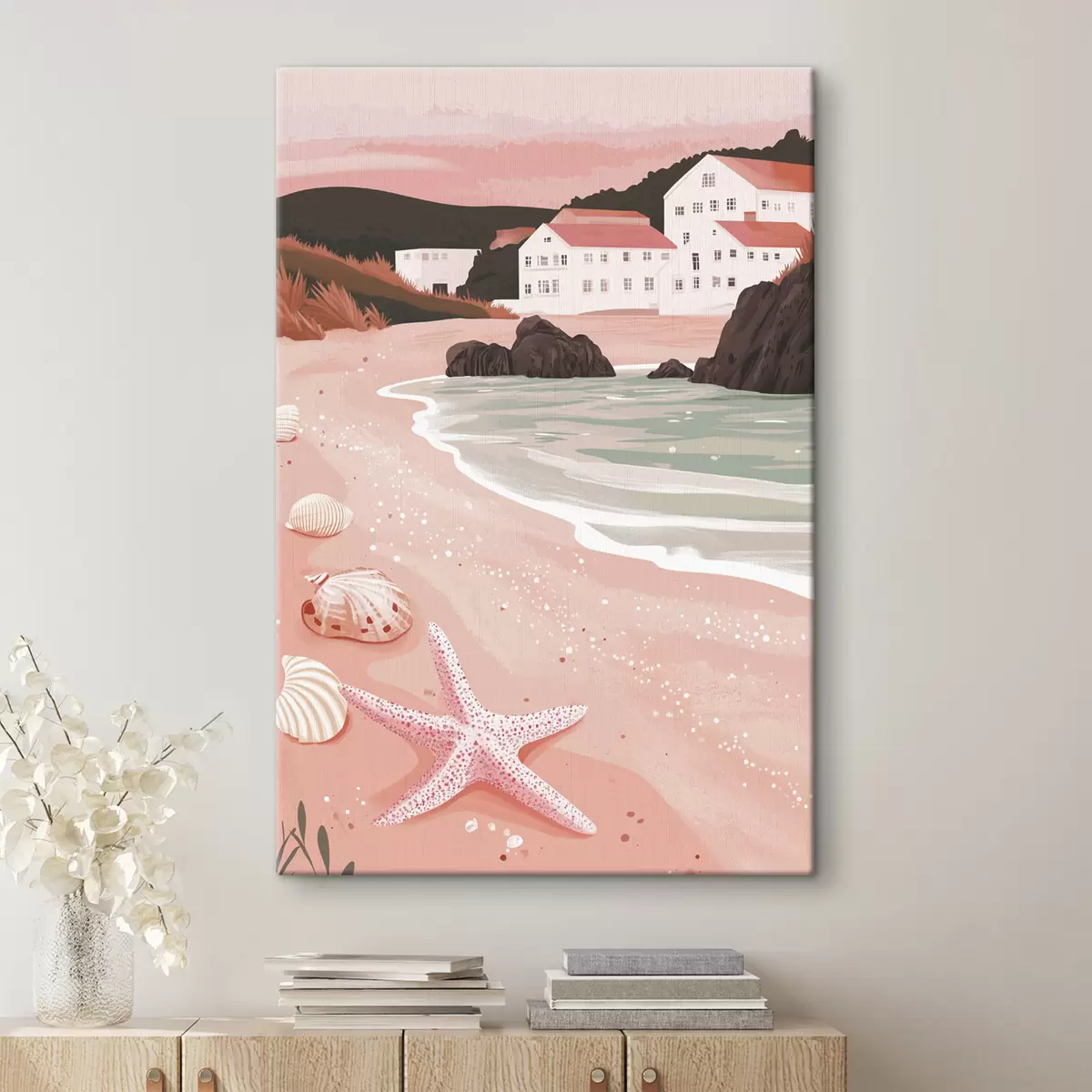 Obraz Útulná růžová pláž s bílými domky a mušlemi  Č. s44713