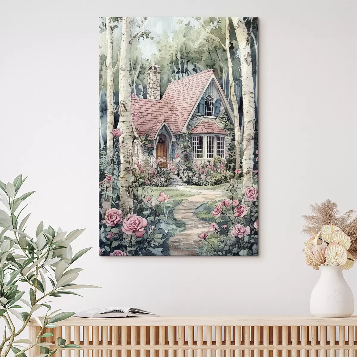 Obraz Krásný dům v březovém háji, zahrada s růžemi Č. s44721