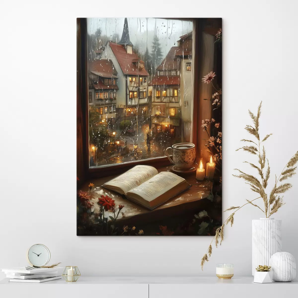 Obraz Kniha na parapetu, svíčky, deštivý den, útulno Č. s44722