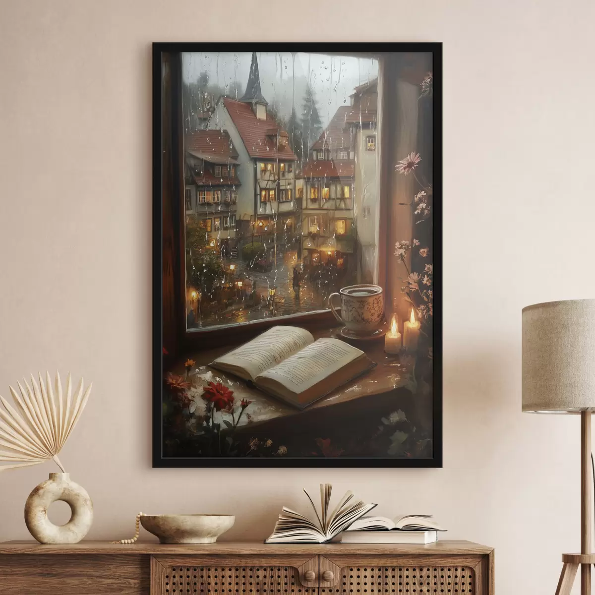 Poster Kniha na parapetu, svíčky, deštivý den, útulno f44722