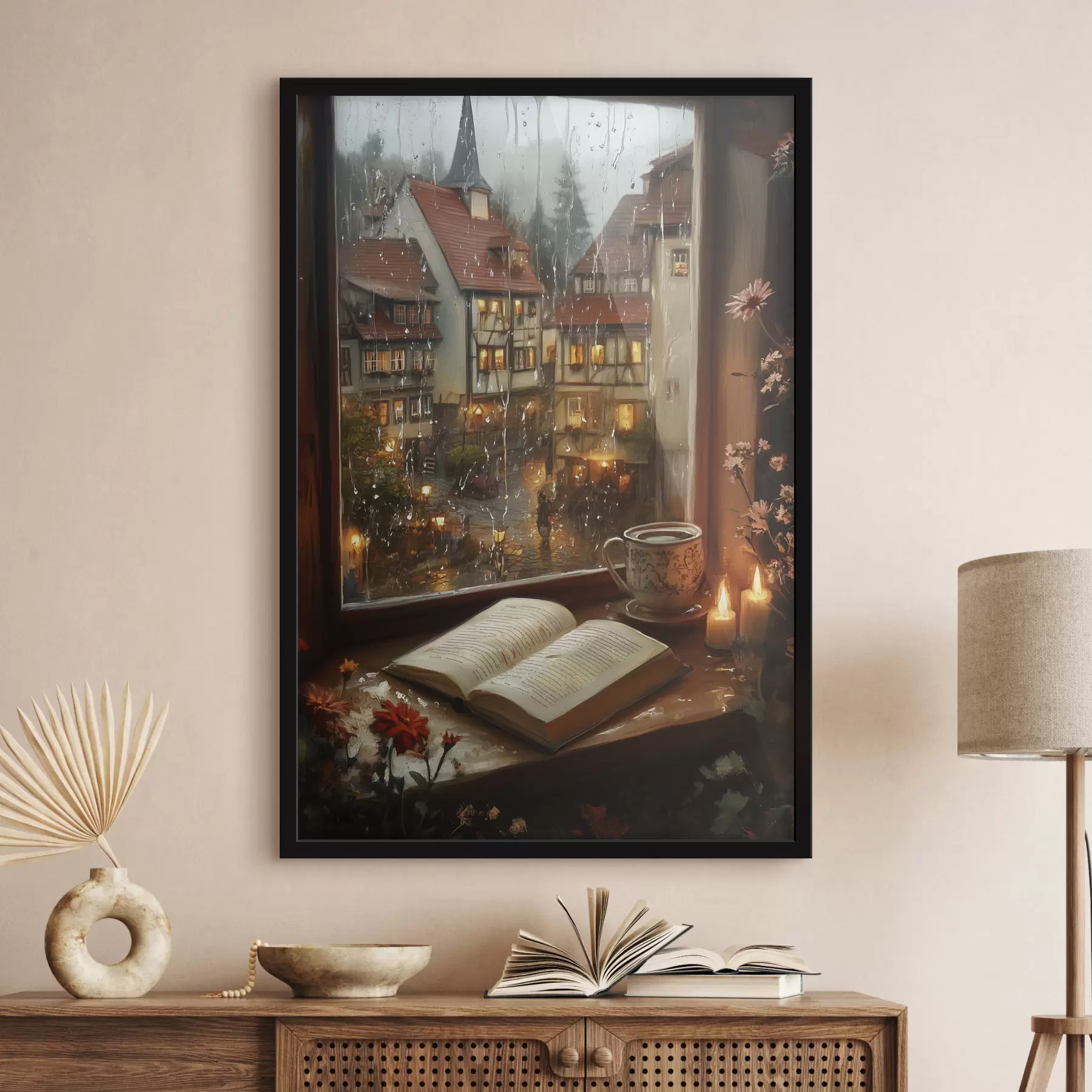 Obraz Kniha na parapetu, svíčky, deštivý den, útulno Č. f44722