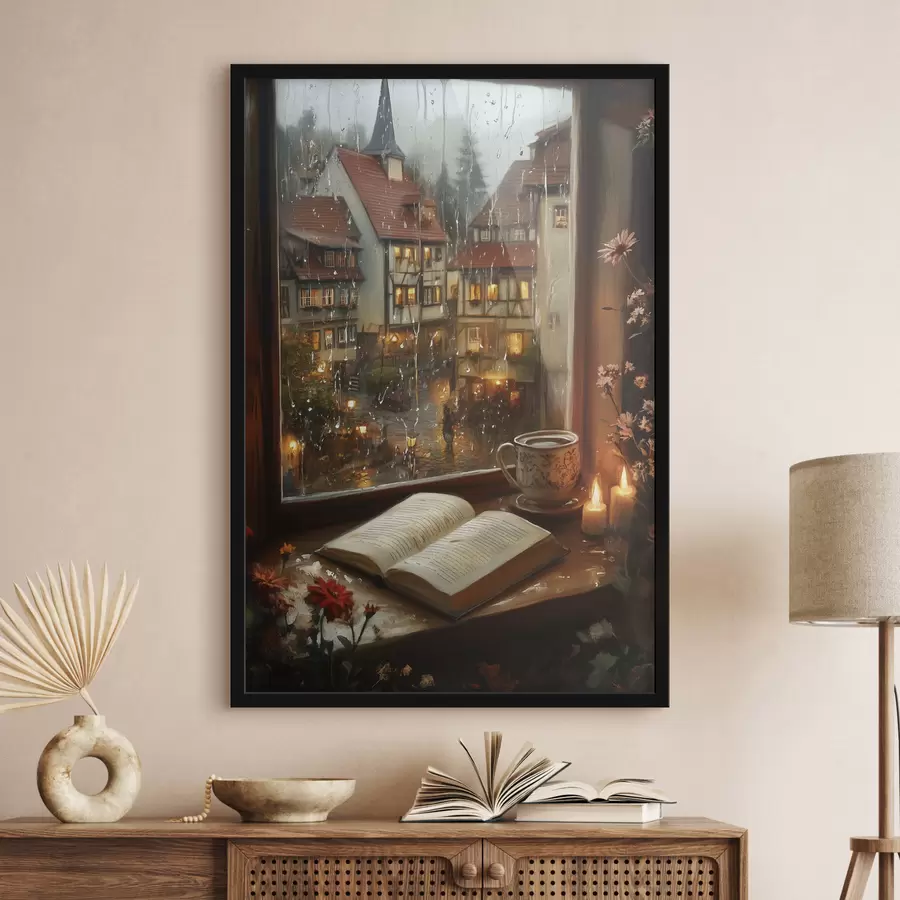 Fototapet Kniha na parapetu, svíčky, deštivý den, útulno f44722