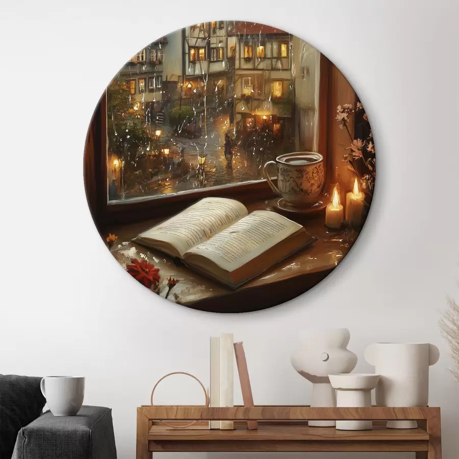 Obraz Kniha na parapetu, svíčky, deštivý den, útulno Č. r44722