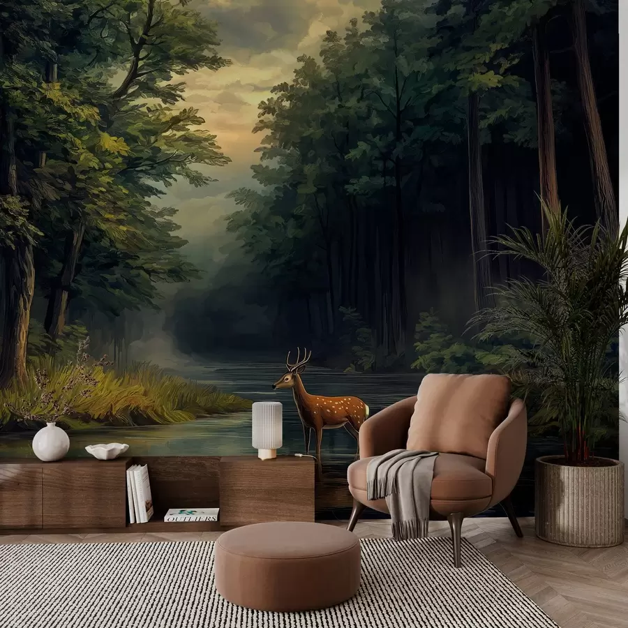 Fototapet Les s jeleny a řekou ve stylu holandské olejomalby w04072