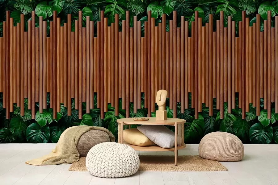 Fototapet Imitace dřevěných panelů a zelené stěny w04138