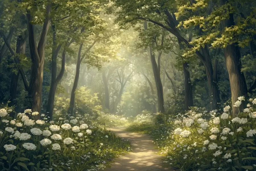 Fototapet Cesta v zeleném lese, bílé květy, sluneční světlo, kresba akrylem w04119