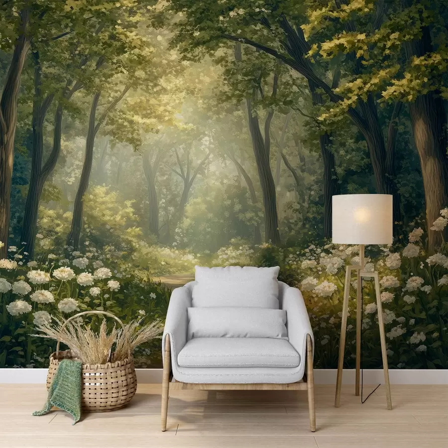 Obraz Cesta v zeleném lese, bílé květy, sluneční světlo, kresba akrylem Č. w04119