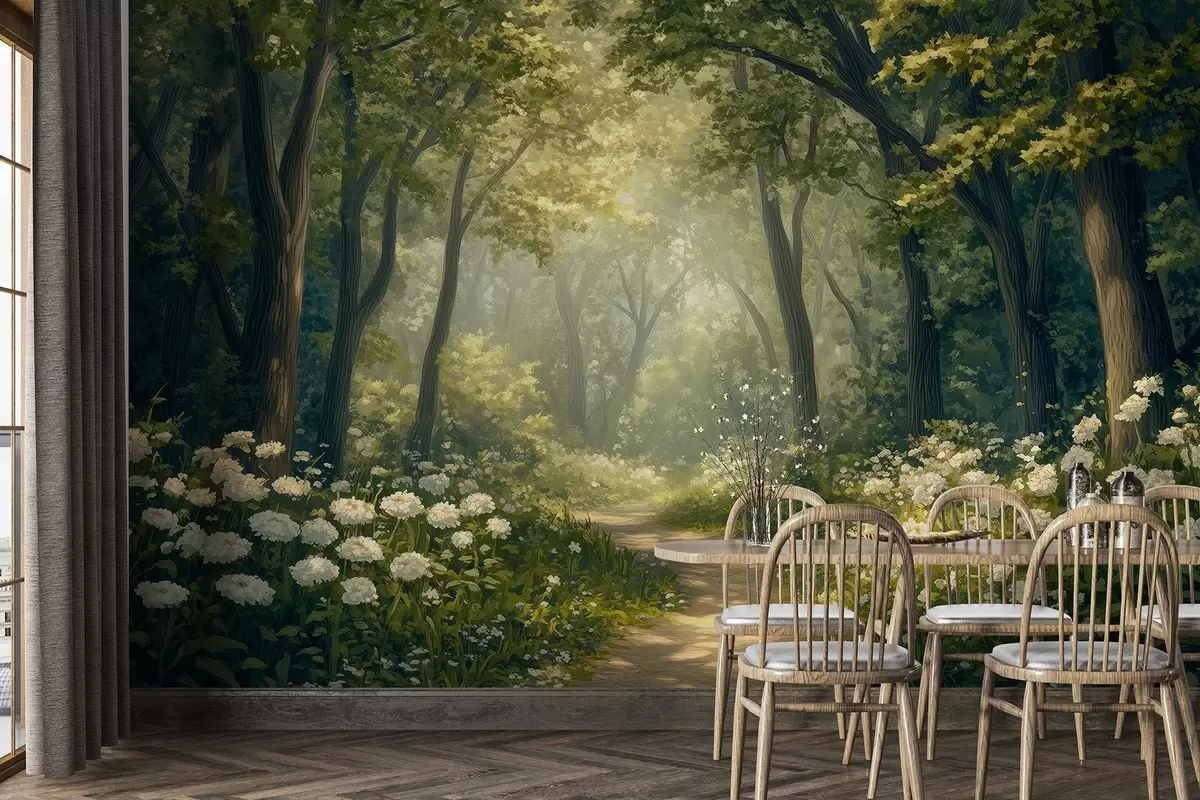 Fototapet Cesta v zeleném lese, bílé květy, sluneční světlo, kresba akrylem w04119