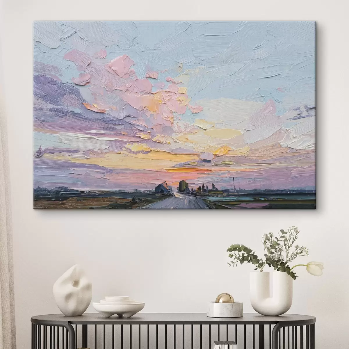 Obraz Venkovské krajiny ve stylu olejové kresby, západ slunce Č. s44794