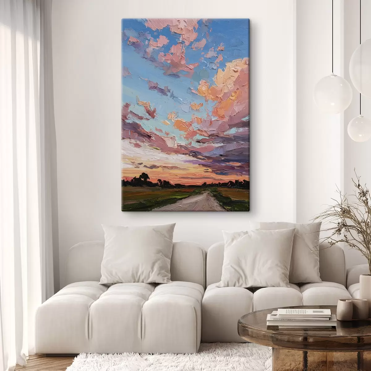 Obraz Obloha při západu slunce, silnice v poli, živé tahy štětcem, imitace ve stylu oleje  Č. s44795