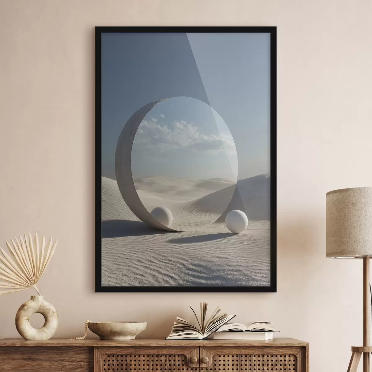 Poster Surrealistická pouštní krajina s kulatým zrcadlem odrážejícím oblohu a měsíc f44792