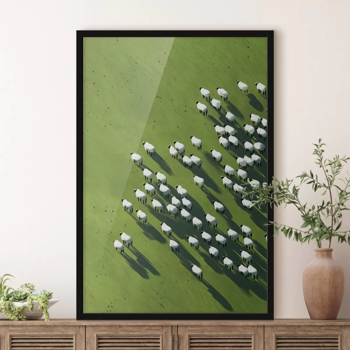 Poster Zelené pole se stádem ovcí, abstrakce, letecký pohled f44793