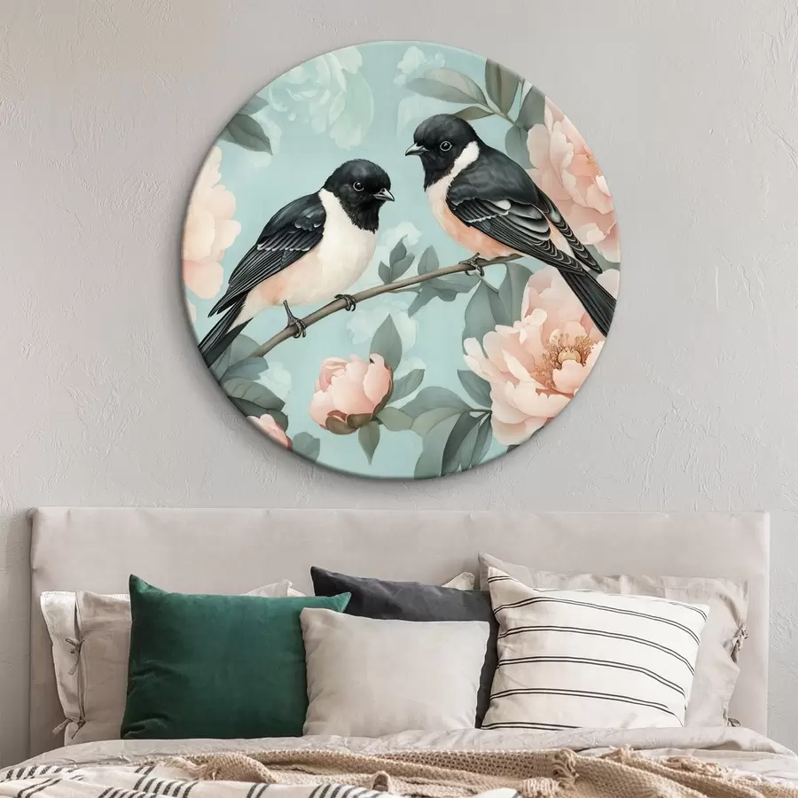 Obraz Dva ptáci na větvi s pivoňkami Č. r44786