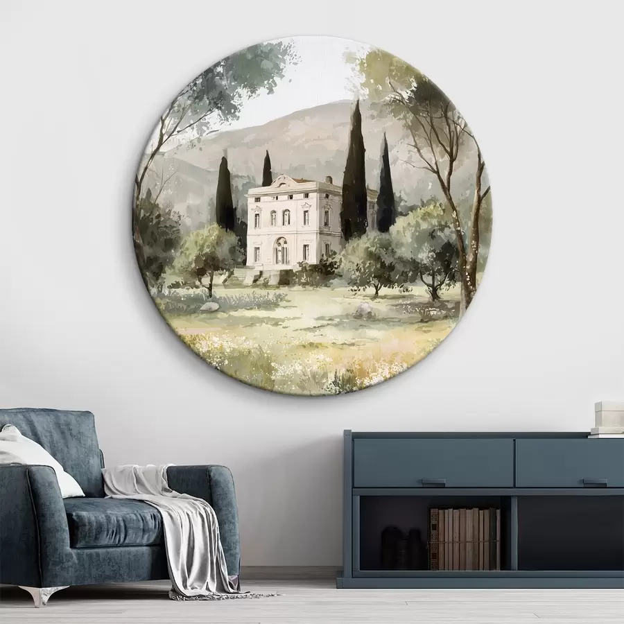 Obraz Středomořská vesnice s bílým domem obklopeným zahradou Č. r44796