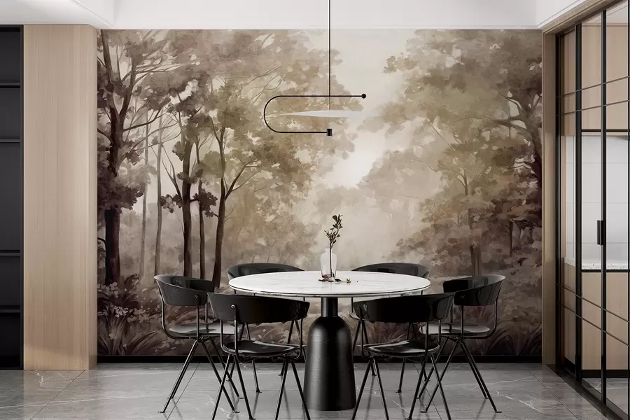 Fototapet Texturovaná lesní krajina, stromy s béžovými a hnědými listy, pastelová paleta barev w09210