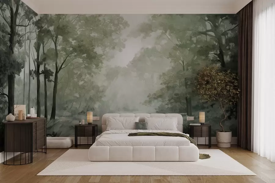 Fototapet Texturovaná lesní krajina, stromy se zelenými listy, pastelová paleta barev w09210v2