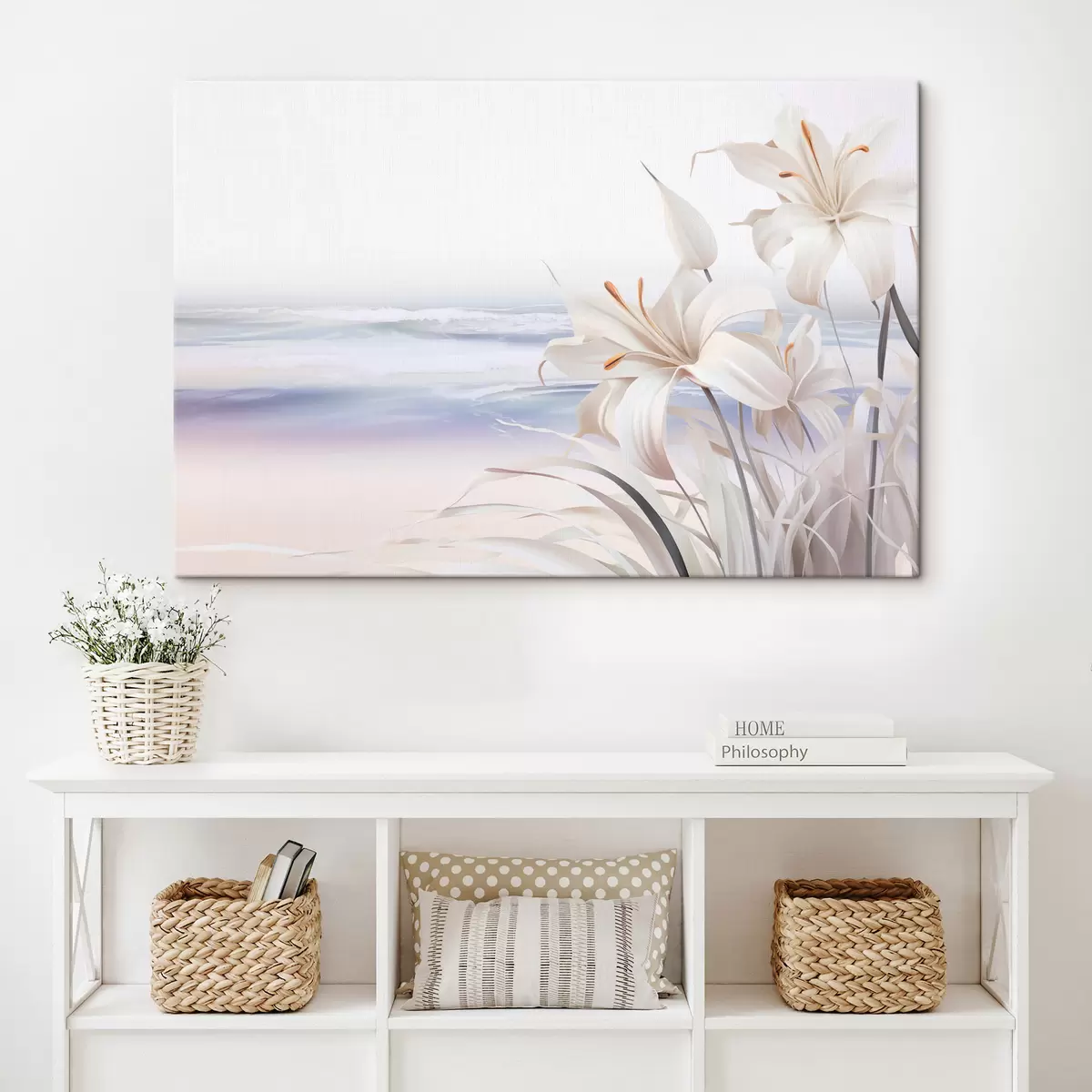 Obraz Bílé lilie s oranžovými pestíky a dlouhými listy na pláži s jemnými vlnami v pozadí, pastelové barvy Č. s44850