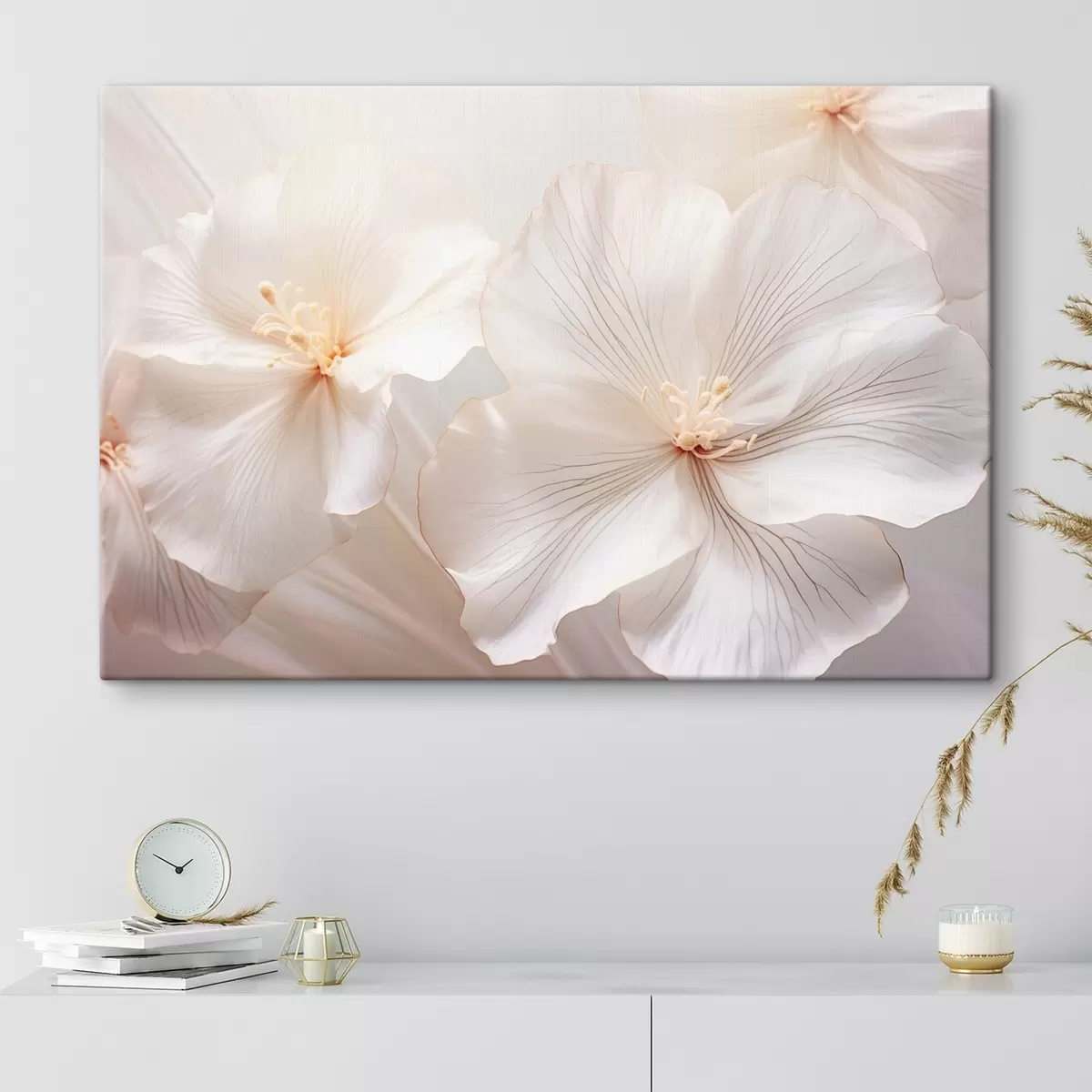 Obraz Jemné bílé květy s okvětními lístky a jemnými pastelovými středy vytvářejí zasněné a éterické květinové umění Č. s44858