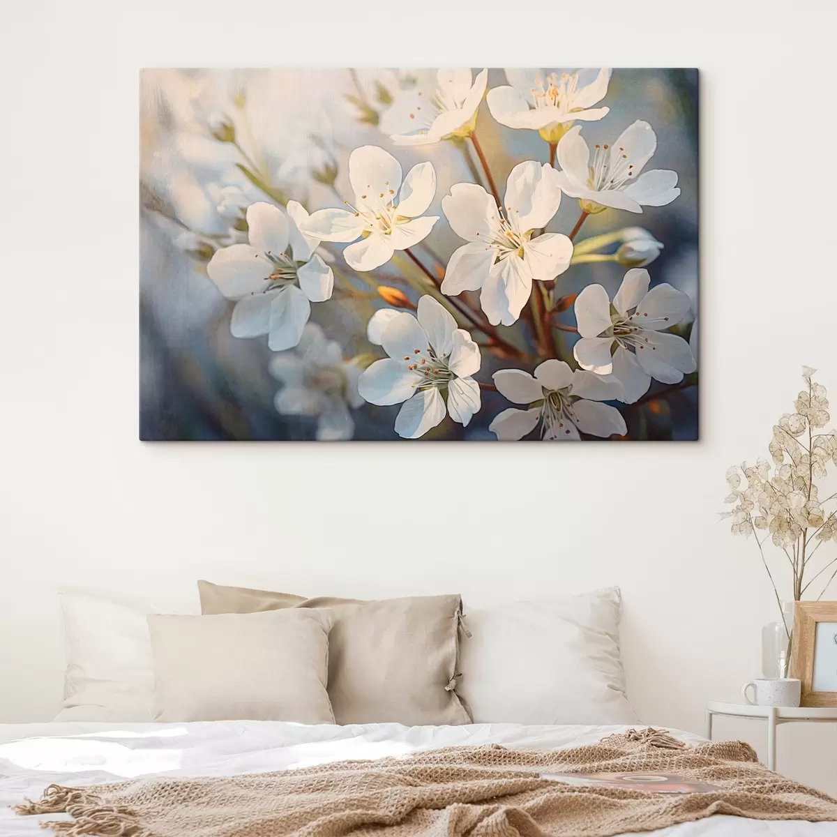 Obraz Bílé třešňové květy s texturou ve stylu akvarelu, jemné okvětní lístky, jarní období Č. s44859