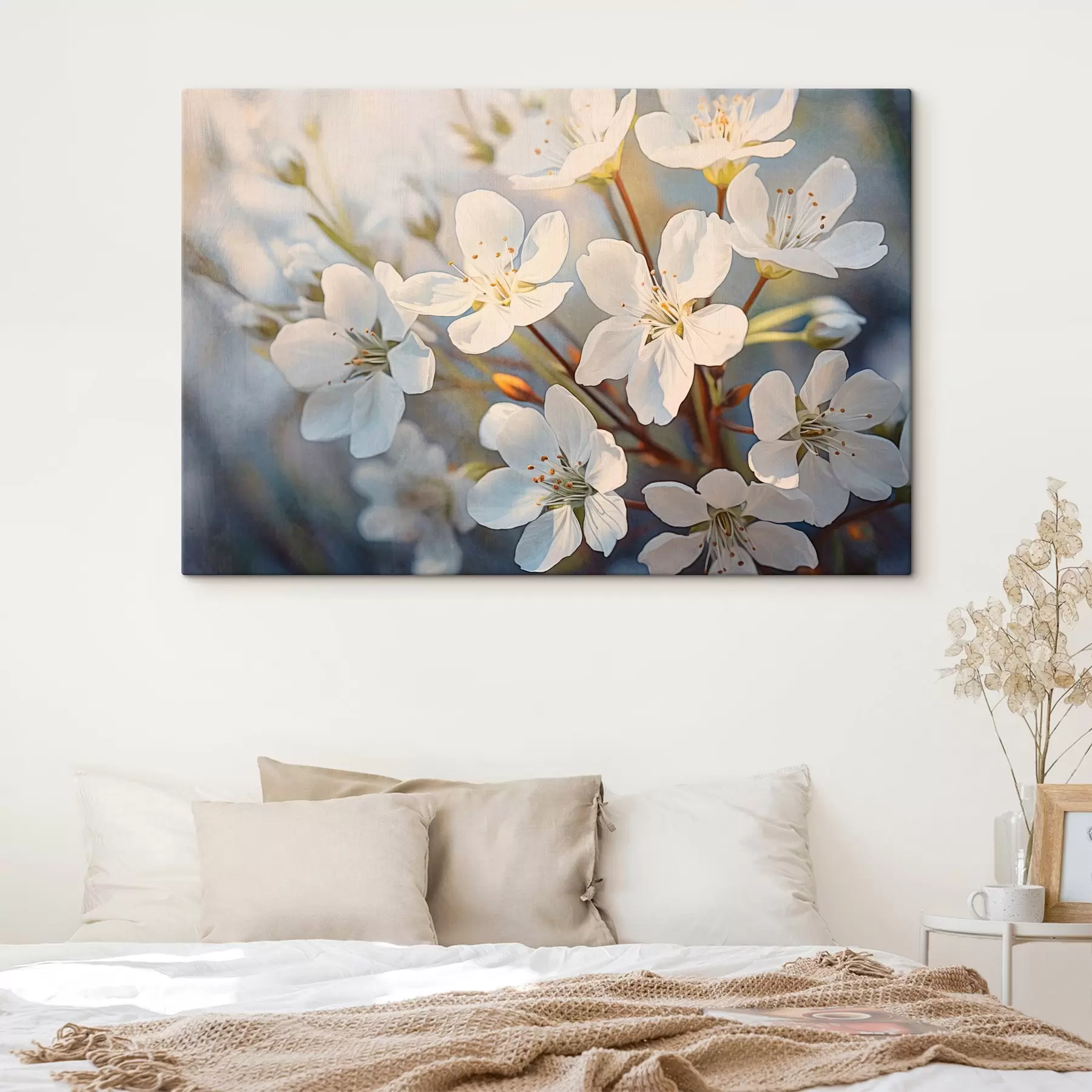 Obraz Bílé třešňové květy s texturou ve stylu akvarelu, jemné okvětní lístky, jarní období Č. s44859