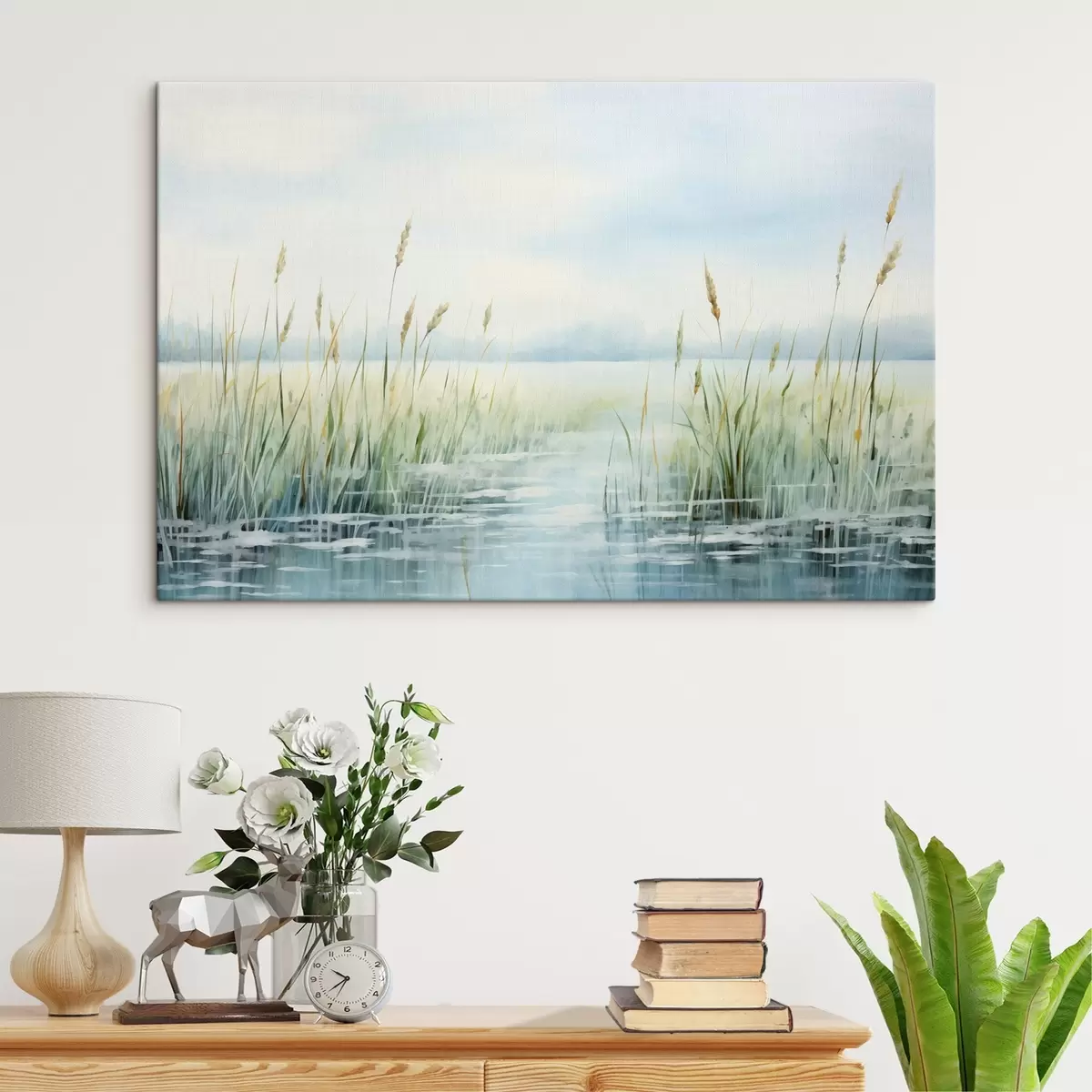 Obraz Akvarelová malba imitující vysokou trávu rostoucí u vody , zatažená obloha a rozmazané pozadí  Č. s44860